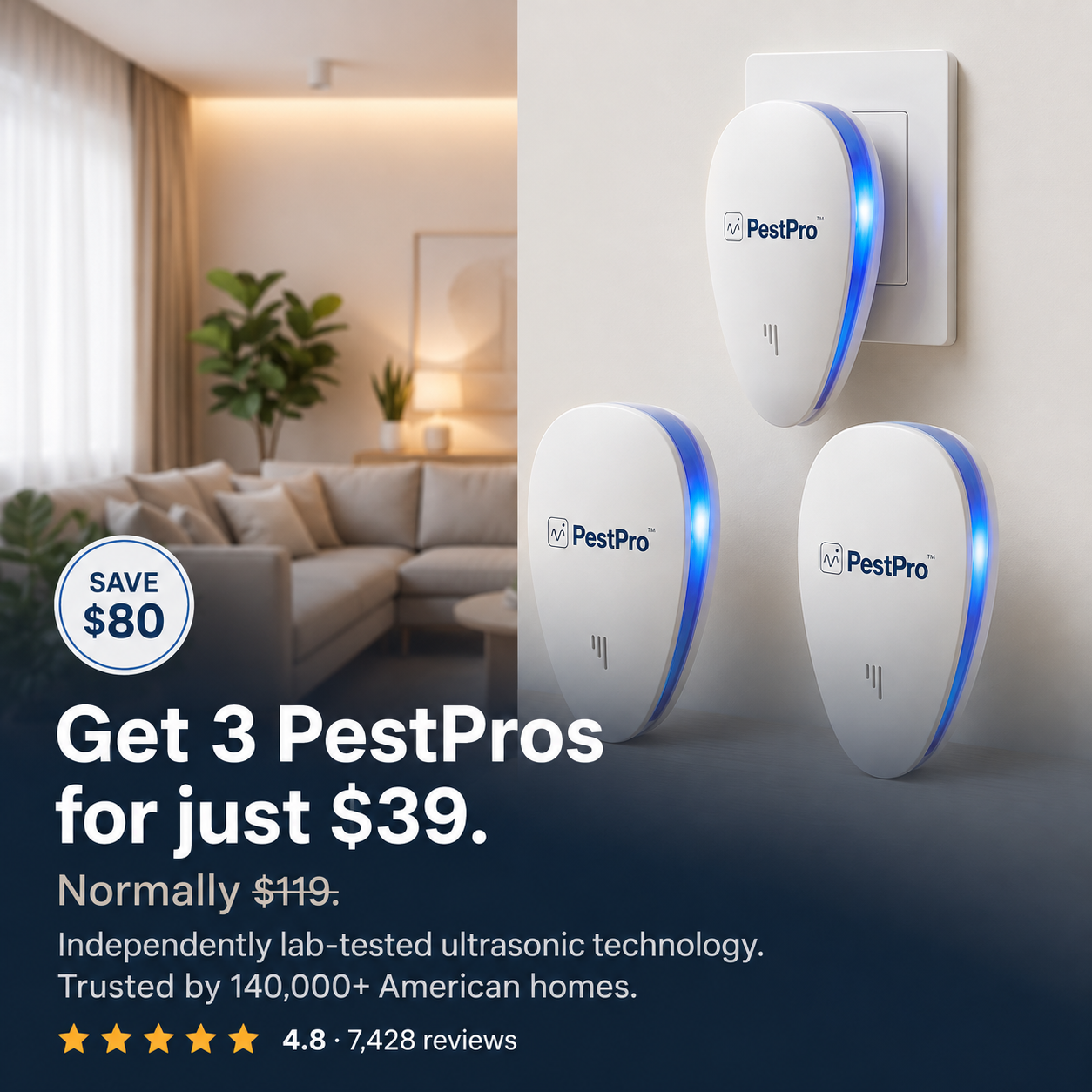 PestPro™ Ultrasonic Pest Repeller - Banish 14+ pests - 3 PACK